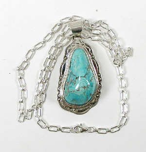 Authentic Native American Indian sterling silver turquoise pendant by Navajo silversmith Joe Piaso, Jr.