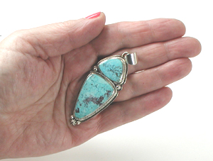 Authentic Native American Indian sterling silver turquoise pendant by Navajo silversmith Lester Jackson