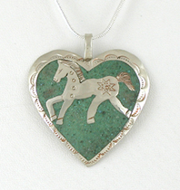 Authentic Native American Indian German silver and green pipestone horse in heart pendant by Lakota artisan Mitchell Zephier