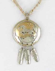 Authentic Native American Indian Horse and Star Pendant with Feather Dangles and adjustable chain by Lakota artisan Mitchell Zephier