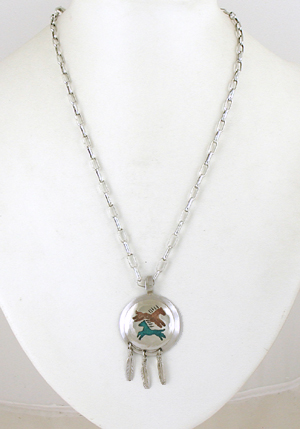 Authentic Native American Indian Two Horse Pendant with Feather Dangles and adjustable chain by Lakota artisan Mitchell Zephier