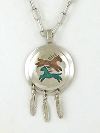 Authentic Native American Indian Two Horse Pendant with Feather Dangles and adjustable chain by Lakota artisan Mitchell Zephier
