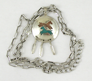Authentic Native American Indian Two Horse Pendant with Feather Dangles and adjustable chain by Lakota artisan Mitchell Zephier