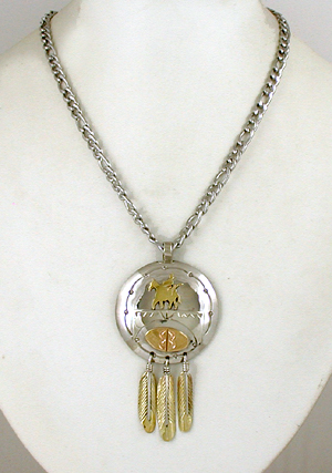 Authentic Native American Indian Night Rider Shield Pendant with Feather Dangles and adjustable chain by Lakota artisan Mitchell Zephier