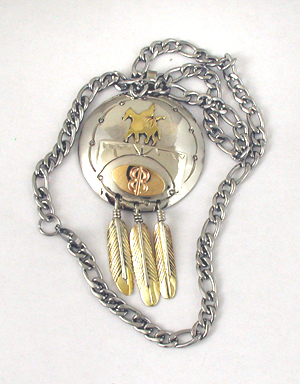 Authentic Native American Indian Night Rider Shield Pendant with Feather Dangles and adjustable chain by Lakota artisan Mitchell Zephier
