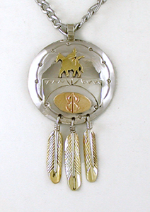 Authentic Native American Indian Night Rider Shield Pendant with Feather Dangles and adjustable chain by Lakota artisan Mitchell Zephier
