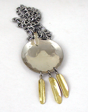 Authentic Native American Indian Night Rider Shield Pendant with Feather Dangles and adjustable chain by Lakota artisan Mitchell Zephier
