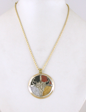Authentic Native American Indian Bison Skull with Medicine Wheel Pendant and chain by Lakota Visions artisan Mitchell Zephier