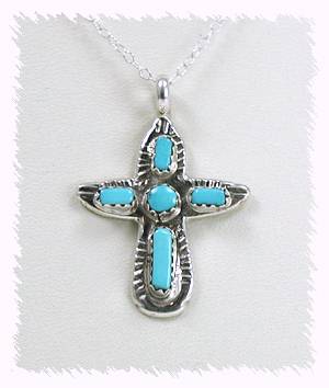 Authentic Native American Zuni Sterling Silver Turquoise Cross Pendant by Cecilia Iule