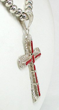 Native American Zuni Sterling Silver Coral Cross Pendant
