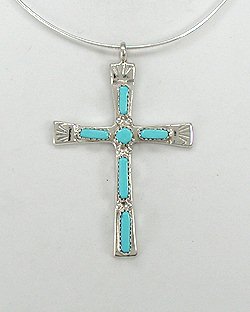 Native American Zuni Sterling Silver Turquoise Cross Pendant