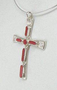 Native American Zuni Sterling Silver Coral Cross Pendant