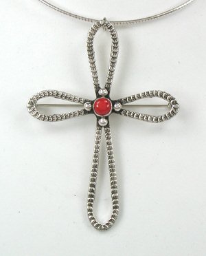 Native American Indian Jewelry | Navajo Sterling Silver coral cross pin pendant