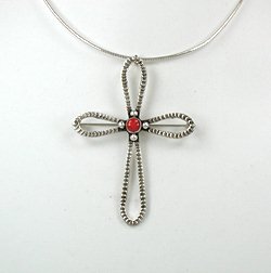 Native American Indian Jewelry; Navajo Sterling Silver coral cross pin pendant