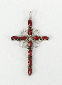 Native American Zuni Sterling Silver Coral Cross Pendant
