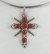 Native American Sterling Silver Coral Cross Pendant