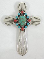 Authentic Navajo Turquoise and coral cross pin pendant