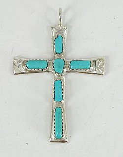 Iule! Zuni Indian Sterling Silver Turquoise Cross Pendant by W 