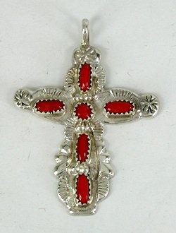 Authentic Native American Sterling Silver and Coral Cross pendant by Zuni Cecilia Iule