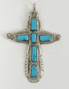 Authentic Native American sterling silver and turquoise cross pendant by Zuni silversmith Marilyn Iule