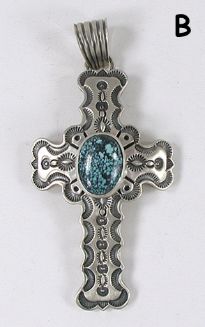 Authentic Native American sterling silver and turquoise cross pendant by Navajo silversmith June Defauito