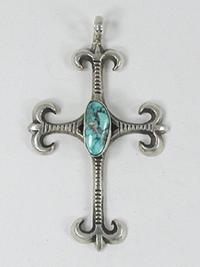 Authentic Native American sterling silver and turquoise cross pendant by Navajo silversmith Wilson and Carol Begay