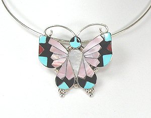 Native American Zuni Sterling Silver  inlay Butterfly Pendant