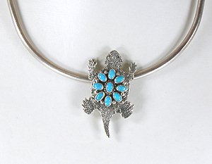 Authentic Native American Sterling Silver and turquoise horned frog pin pendant by Navajo Lee Charley - on collar