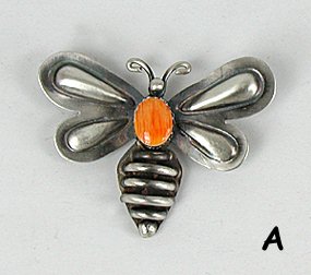 Native American Sterling Silver orange spiny oyster Bumble Bee pin