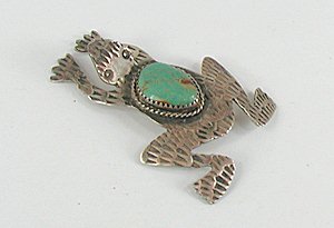 Authentic Native American Frog pin of sterling silver and turquoise by Albert Cleveland Navajo