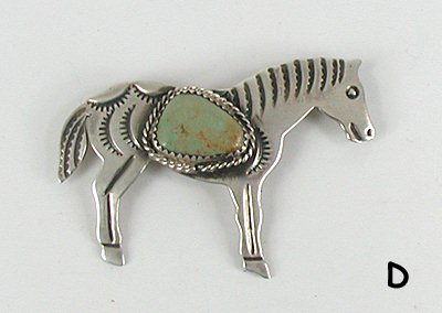 Authentic Native American Horse pin of sterling silver and turquoise by Albert Cleveland Navajo