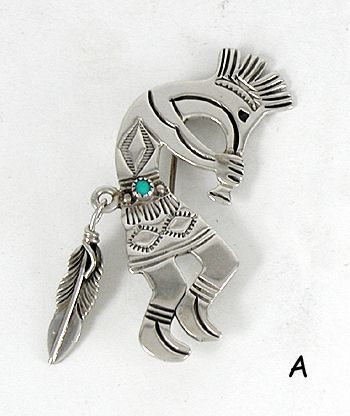 Authentic Native American kokopelli pin of sterling silver and turquoise by Lambert Perry Navajo