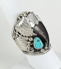Navajo Bearclaw Sterling Silver Turquoise Coral Ring