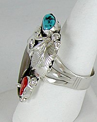 Native American Navajo turquoise and coral claw ring