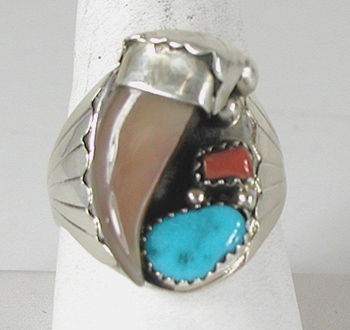 Authentic Native American Sterling Silver Claw Turquoise Coral ring size 13 1/4 by Navajo artist Elaine Sam