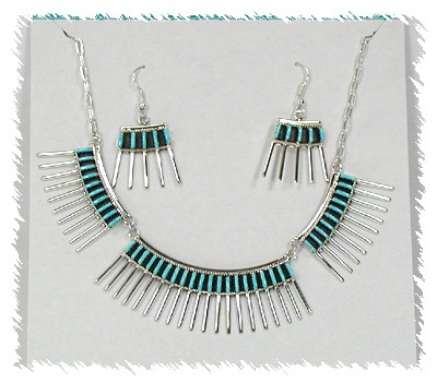 Hand made Native American Indian Jewelry; Zuni Sterling Silver Turquoise Petit Point Necklace and Earrings