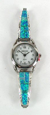 Authentic Native American Sterling Silver opal inlay Watch tips by Navajo Arlene Yazzie