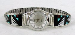 Authentic Native American Sterling Silver and Inlay Watch Tips by Zuni Leander and Lisa Othole