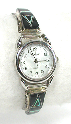 Authentic Native American Navajo Indian Sterling Silver and stone inlay Ladies Watch tips by Arlene Yazzie