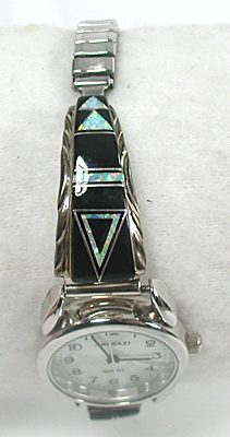 Authentic Native American Navajo Indian Sterling Silver and stone inlay Ladies Watch tips by Arlene Yazzie