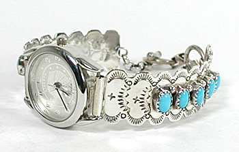 Authentic Native American Navajo Indian Sterling Silver and Turquoise Ladies Watch Bracelet
