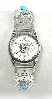 Authentic Native American Navajo Indian Sterling Silver and Turquoise Ladies Watch Bracelet