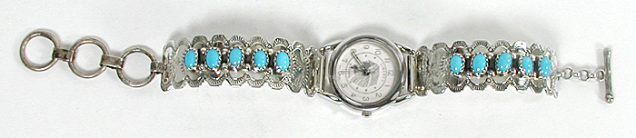 Authentic Native American Navajo Indian Sterling Silver and Turquoise Ladies Watch Bracelet