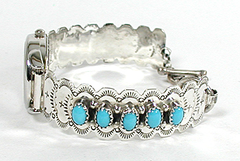 Authentic Native American Navajo Indian Sterling Silver and Turquoise Ladies Watch Bracelet