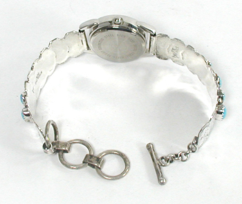 Authentic Native American Navajo Indian Sterling Silver and Turquoise Ladies Watch Bracelet