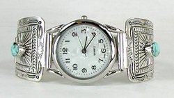 Authentic Native American stamped sterling silver watch tips with turquoise by Navajo June Delgarito