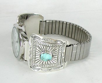 Authentic Native American stamped sterling silver watch tips with turquoise by Navajo June Delgarito