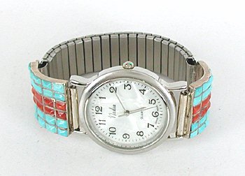 Authentic Native American Turquoise and Coral Inlay Watch Tips by Zuni Gloria Meloni Tucson