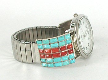 Authentic Native American Turquoise and Coral Inlay Watch Tips by Zuni Gloria Meloni Tucson