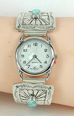 Authentic Native American stamped sterling silver watch tips with turquoise by Navajo June Delgarito